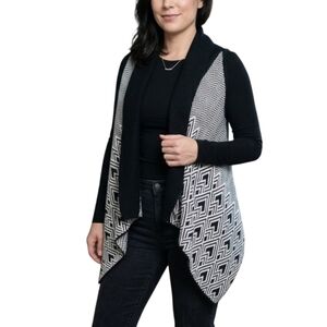 BONGO Cardigan Vest Medium Black Tribal Waterfall Drape Boho Cozy Fall Layering